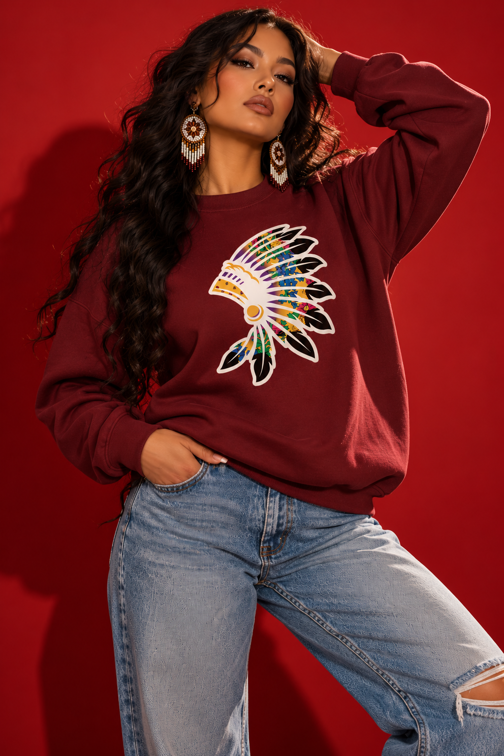 Maroon Red Floral Crewneck