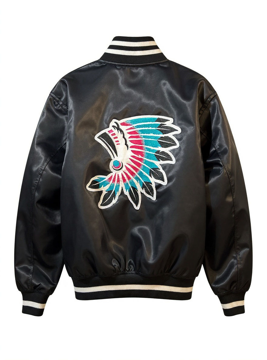 Black Satin Jacket with colourful headdress (Black Feathers)