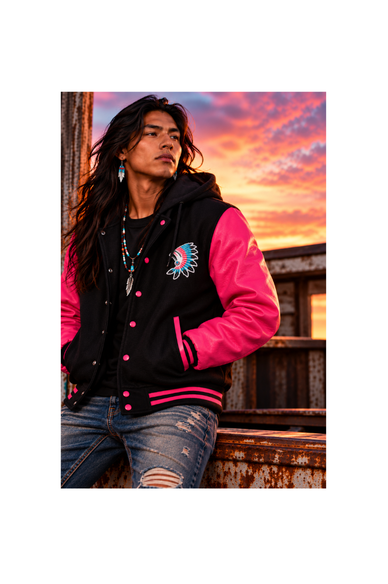 HOODED VARSITY LETTERMEN BASEBALL JACKET BLACK WITH HOT PINK GENUINE LEATHER SLEEVES