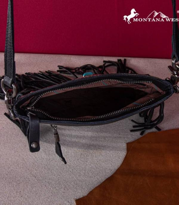 GENUINE LEATHER TOOLED FRINGE CROSSBODY