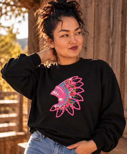 Neon Pink Floral Black Crewneck