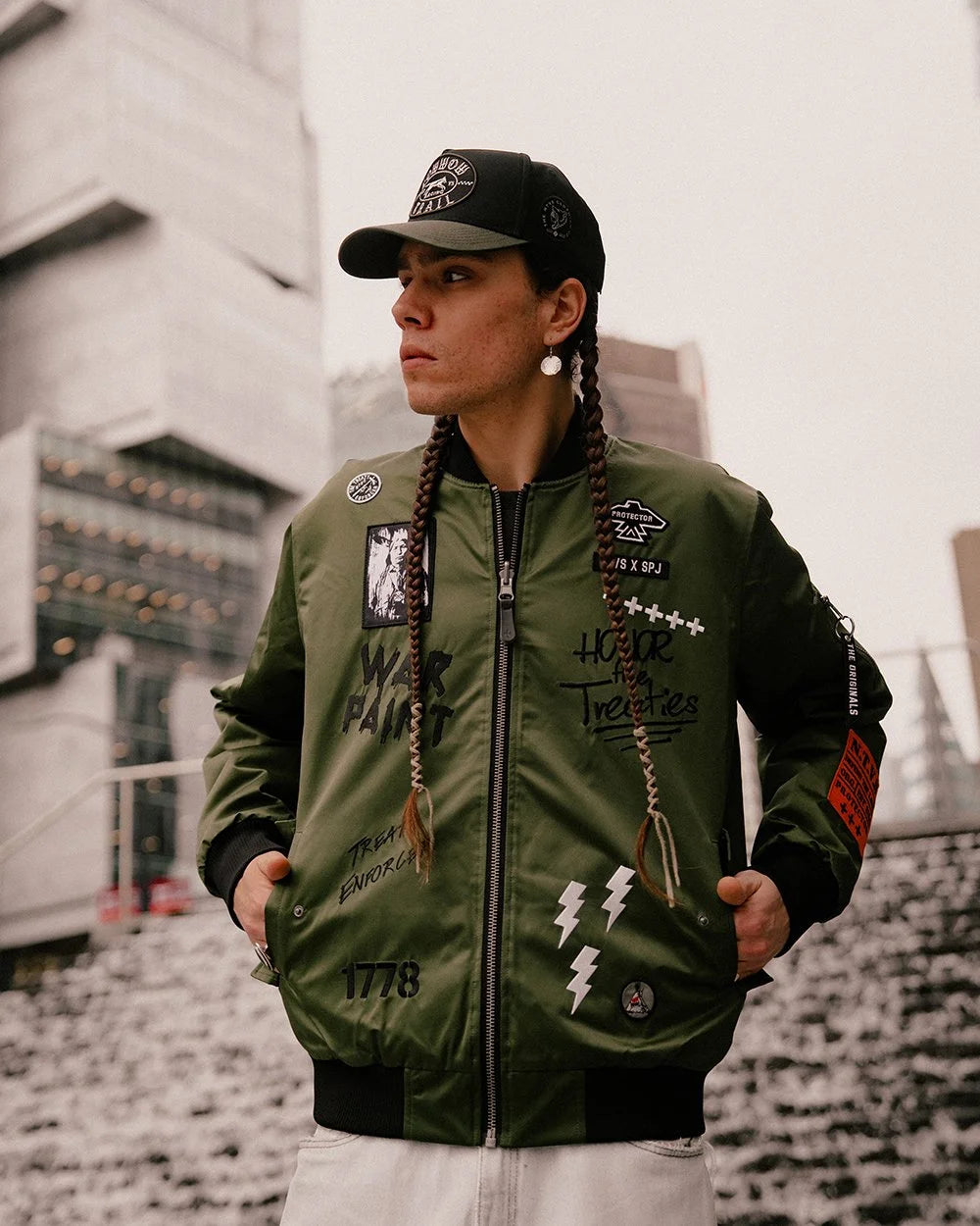 THE TREATY ENFORCER REVERSIBLE UNISEX BOMBER JACKET - GREEN/SILVER