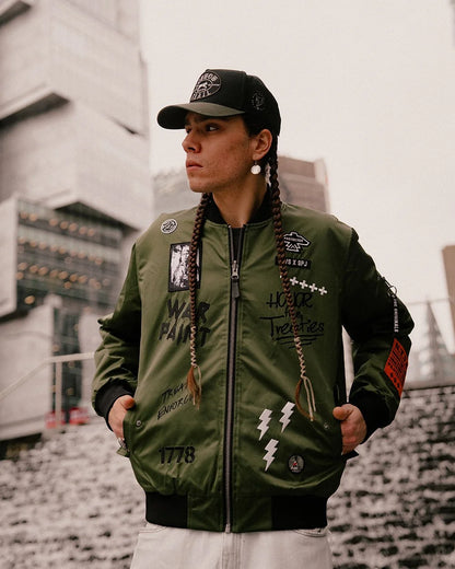 THE TREATY ENFORCER REVERSIBLE UNISEX BOMBER JACKET - GREEN/SILVER