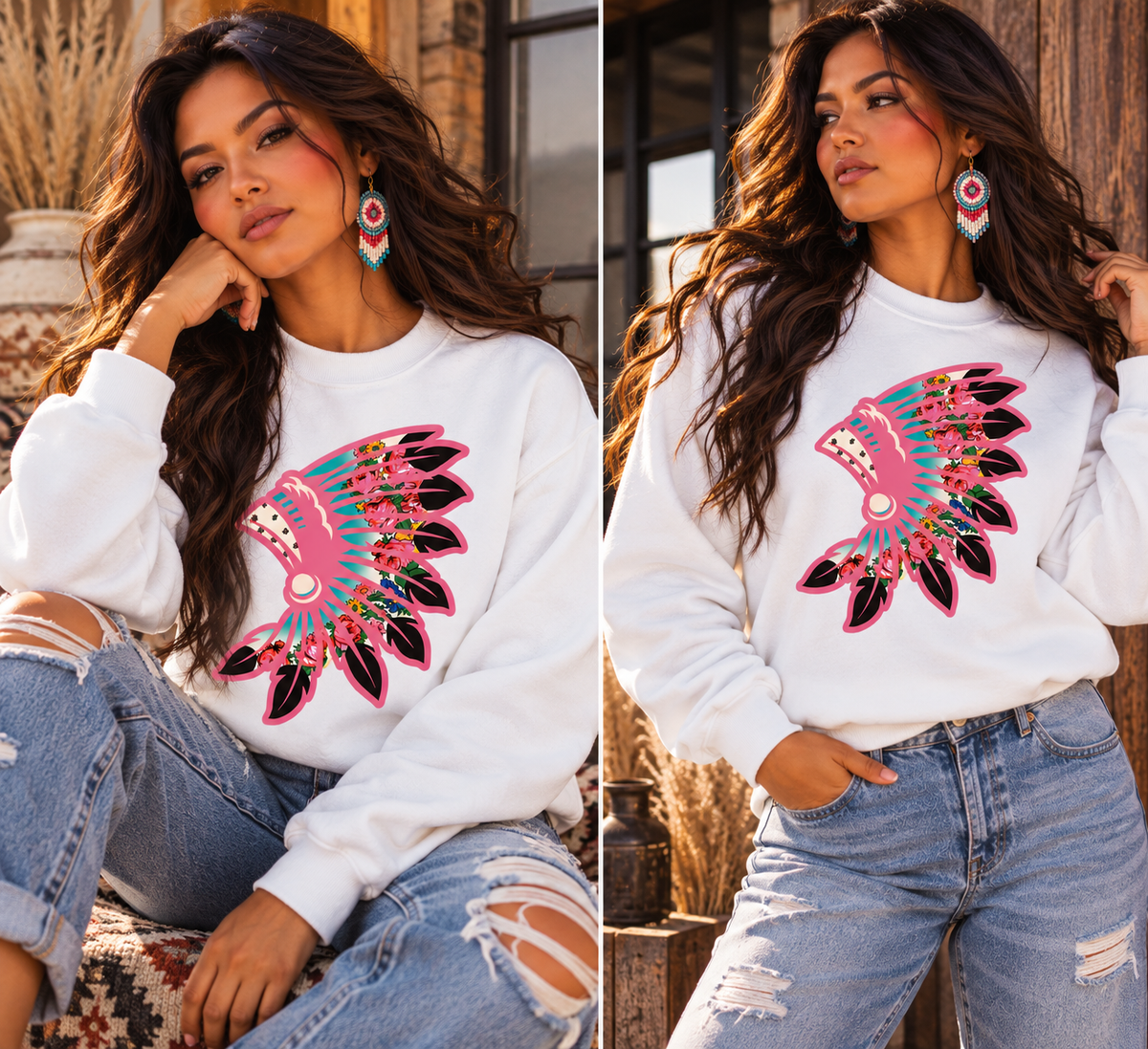 Neon pink Floral White Crewneck