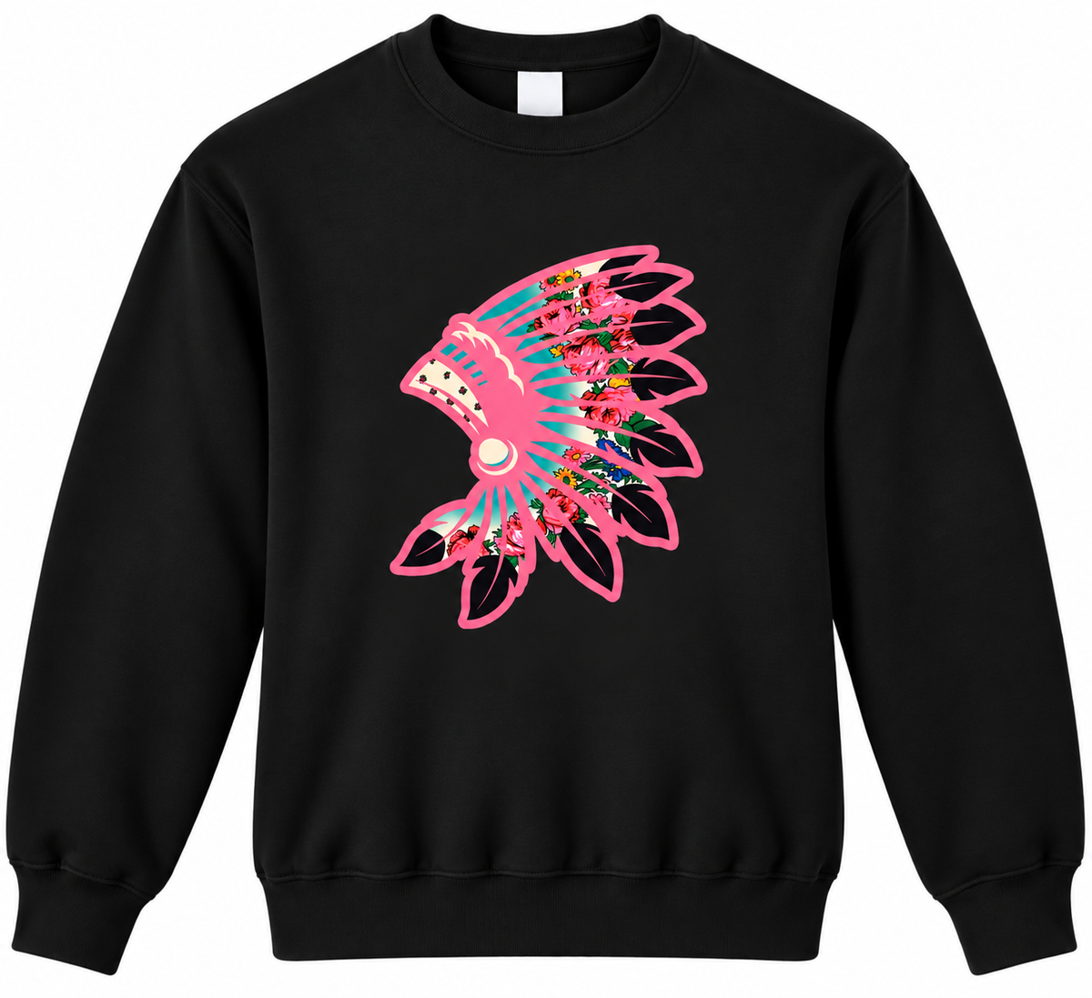 Neon Pink Floral Black Crewneck