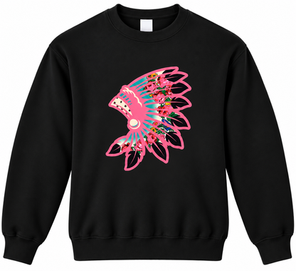 Neon Pink Floral Black Crewneck