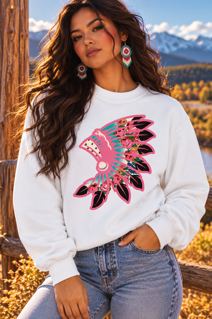 Neon pink Floral White Crewneck