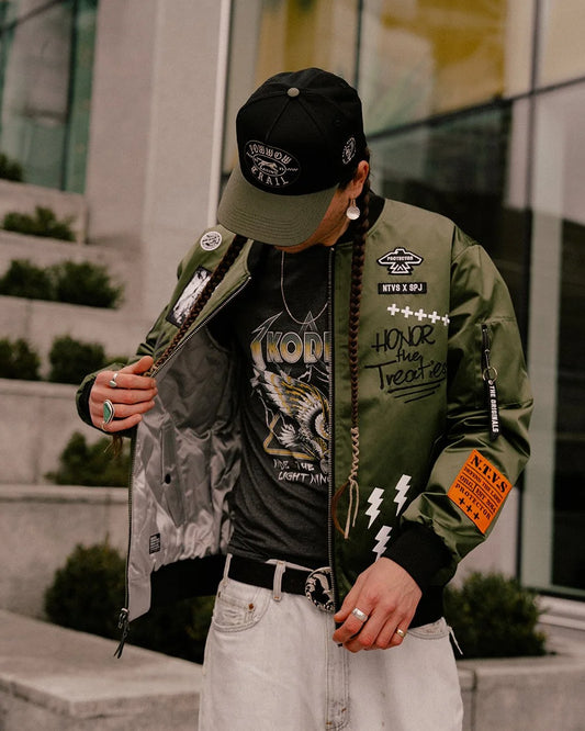 THE TREATY ENFORCER REVERSIBLE UNISEX BOMBER JACKET - GREEN/SILVER