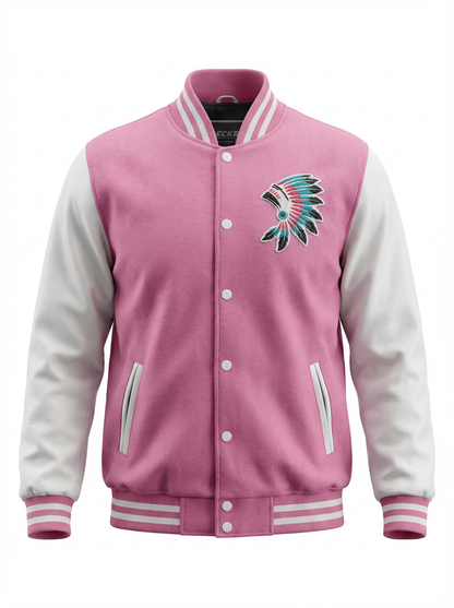 Women Varsity Jacket Wool+Genuine Cowhide Leather Pink/White with Icon Logo Front & Back