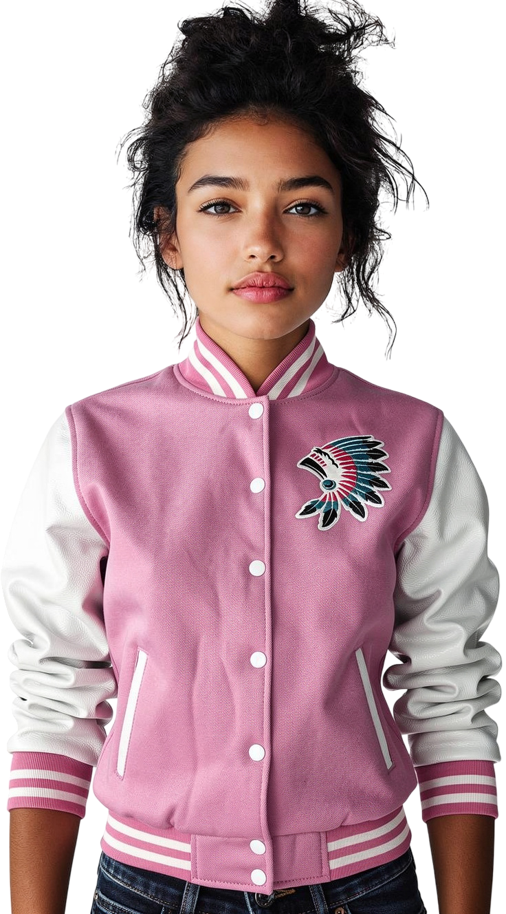 Women Varsity Jacket Wool+Genuine Cowhide Leather Pink/White with Icon Logo Front & Back