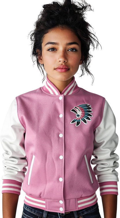 Women Varsity Jacket Wool+Genuine Cowhide Leather Pink/White with Icon Logo Front & Back