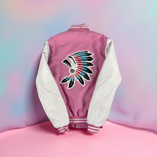 Women Varsity Jacket Wool+Genuine Cowhide Leather Pink/White with Icon Logo Front & Back
