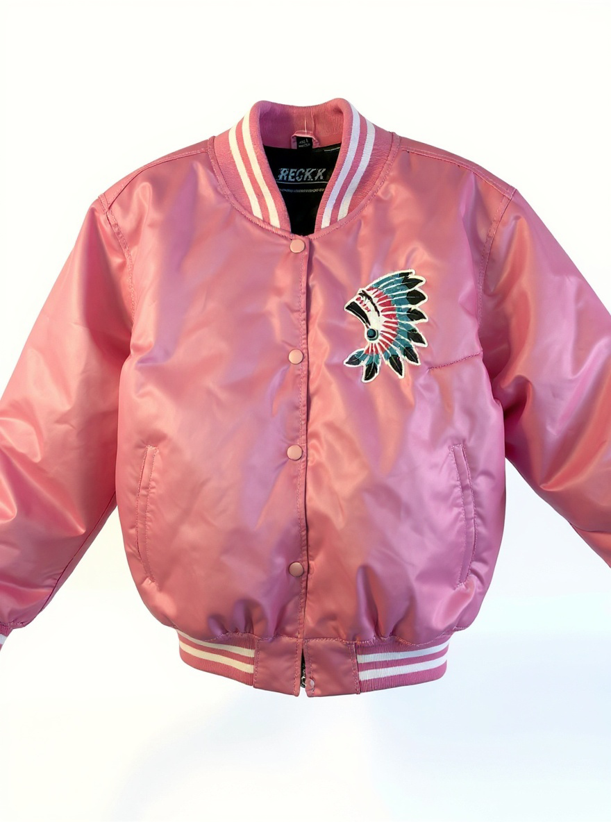 Pink Satin Jacket with colourful headdress logo