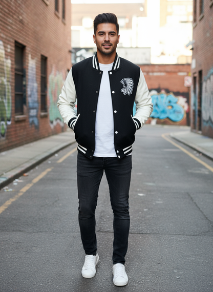 Black and White Varsity Jacket with headdress Logo