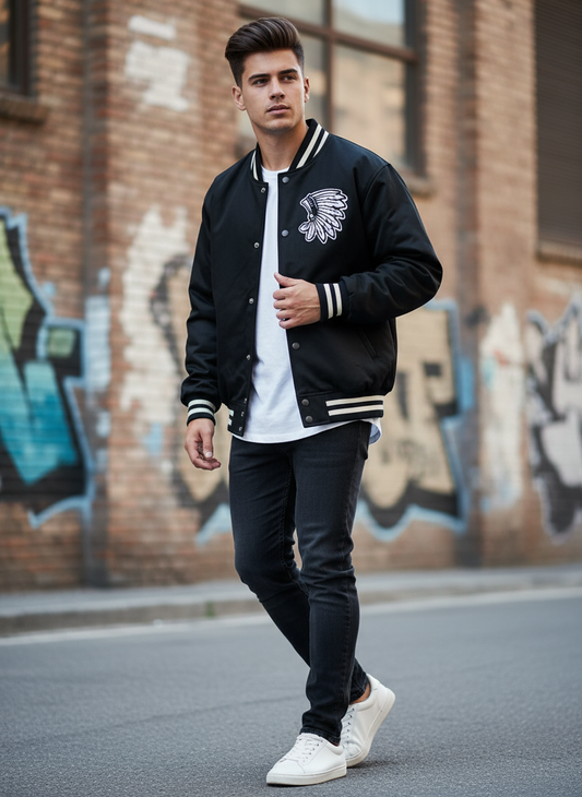 Black Satin Jacket with headdress Logo