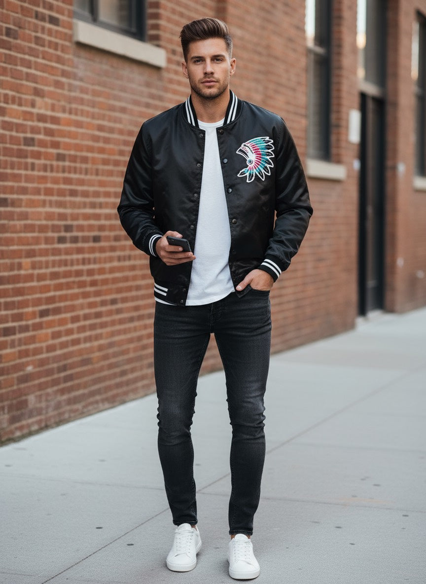 Black Satin Jacket with colourful headdress (Black Feathers)