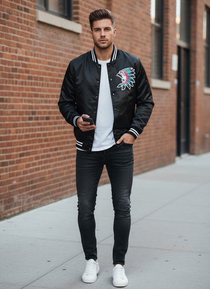 Black Satin Jacket With Colourful Headdress (Black Feathers)