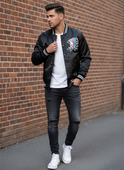 Black Satin Jacket With Colourful Headdress (Black Feathers)