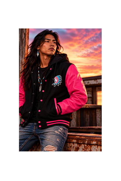 HOODED VARSITY LETTERMEN BASEBALL JACKET BLACK WITH HOT PINK GENUINE LEATHER SLEEVES