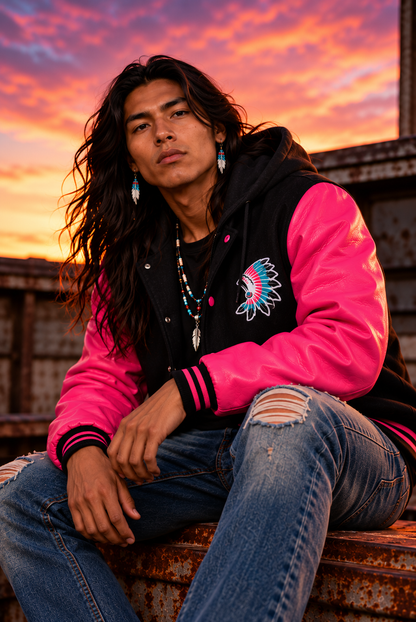 HOODED VARSITY LETTERMEN BASEBALL JACKET BLACK WITH HOT PINK GENUINE LEATHER SLEEVES