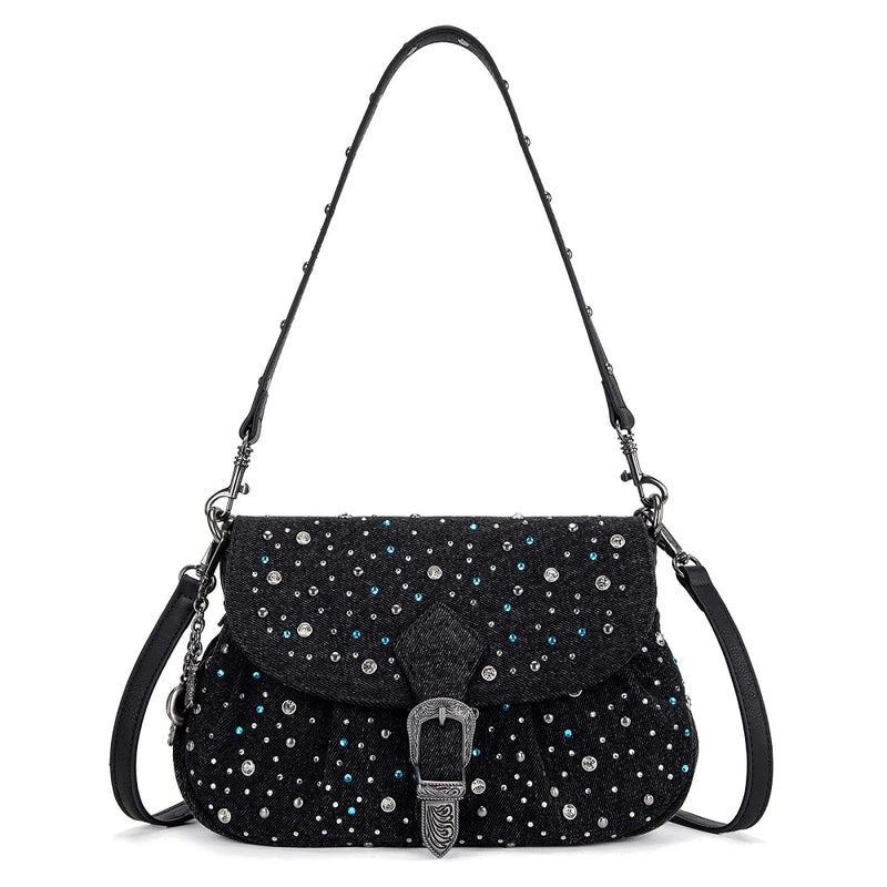 WRANGLER WESTERN RHINESTONE DENIM FLAP CROSSBODY SHOULDER BAG