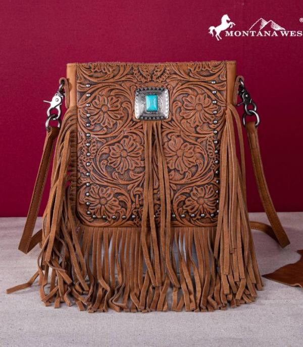 GENUINE LEATHER TOOLED FRINGE CROSSBODY