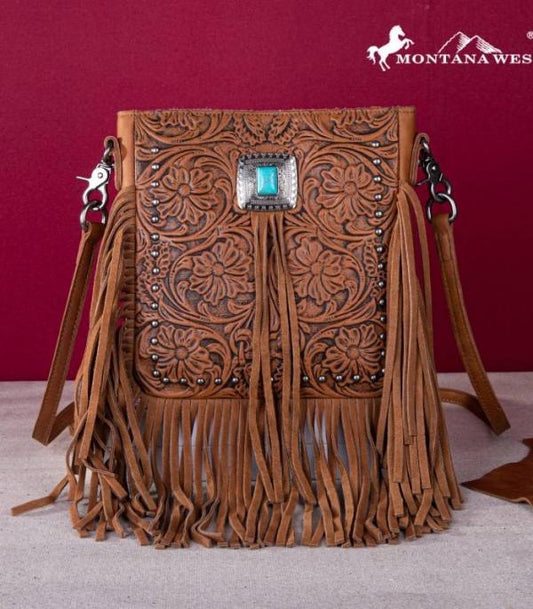 GENUINE LEATHER TOOLED FRINGE CROSSBODY