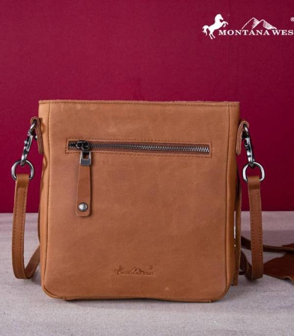 GENUINE LEATHER TOOLED FRINGE CROSSBODY
