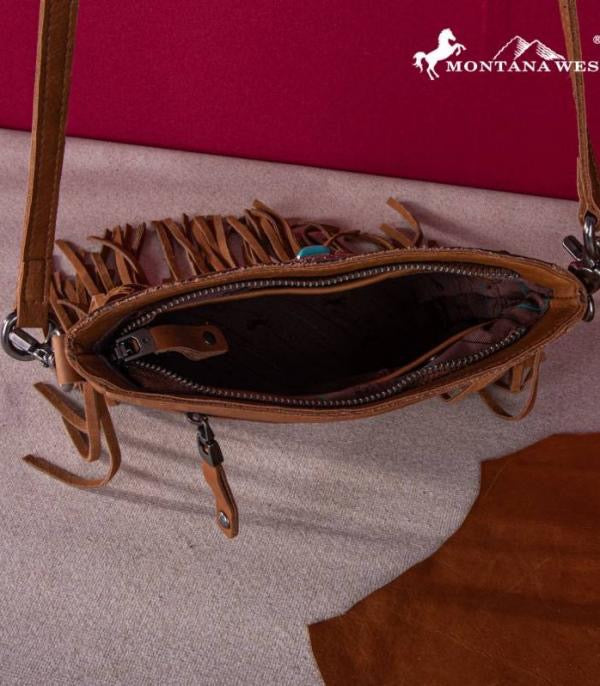 GENUINE LEATHER TOOLED FRINGE CROSSBODY