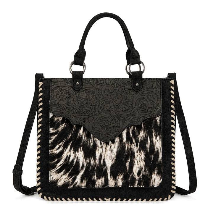 TRINITY RANCH COWHIDE & TOOLED LEATHER TOTE BAG