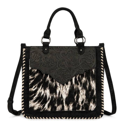 TRINITY RANCH COWHIDE & TOOLED LEATHER TOTE BAG