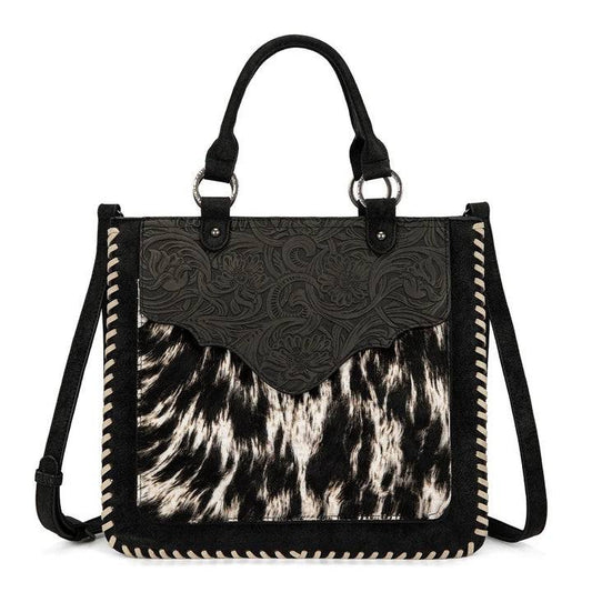 TRINITY RANCH COWHIDE & TOOLED LEATHER TOTE BAG