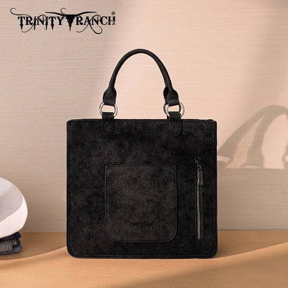 TRINITY RANCH COWHIDE & TOOLED LEATHER TOTE BAG