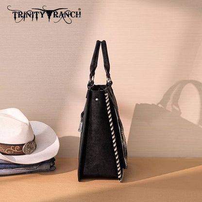 TRINITY RANCH COWHIDE & TOOLED LEATHER TOTE BAG