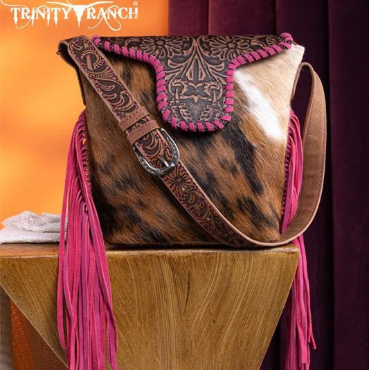 Cowhide Tooled Fringe Shoulder Bag