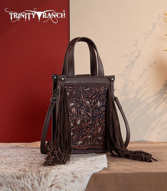 Floral Tooled Fringe Mini Tote Crossbody