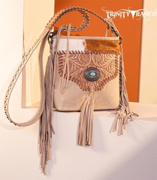 Cowhide Tooled Fringe Shoulder Bag