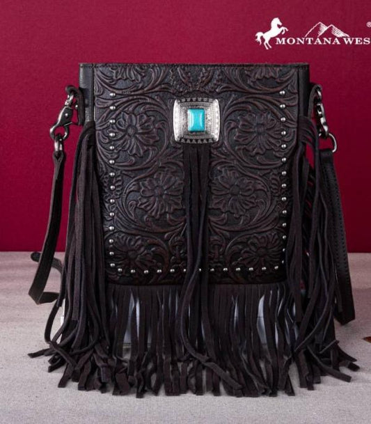 GENUINE LEATHER TOOLED FRINGE CROSSBODY