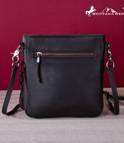 GENUINE LEATHER TOOLED FRINGE CROSSBODY