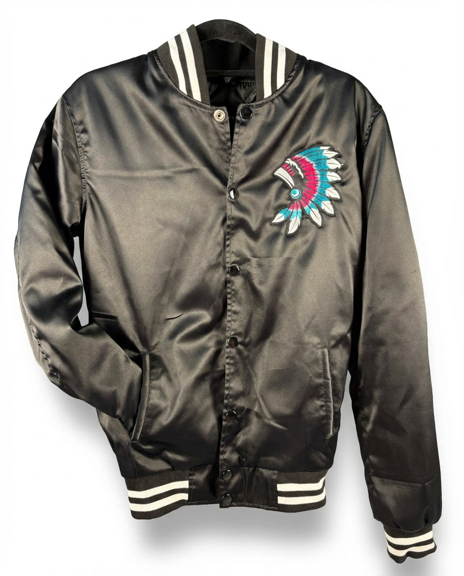 Black Satin Jacket With Colourful Headdress (Black Feathers)