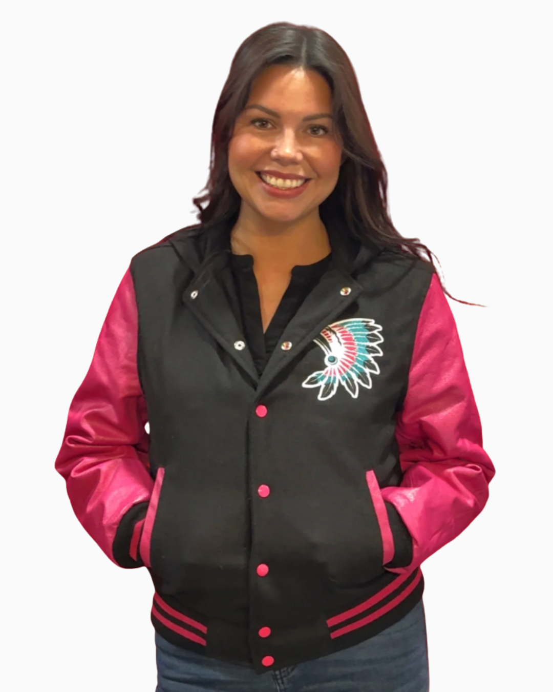 HOODED VARSITY LETTERMEN BASEBALL JACKET WITH HOT PINK SLEEVES WITH ICON LOGO FRONT & BACK