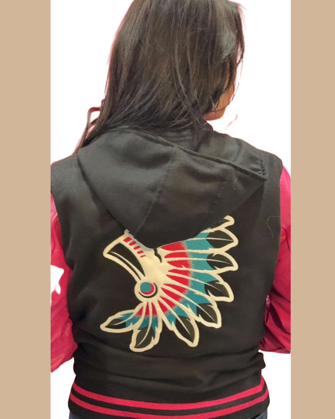 HOODED VARSITY LETTERMEN BASEBALL JACKET WITH HOT PINK SLEEVES WITH ICON LOGO FRONT & BACK