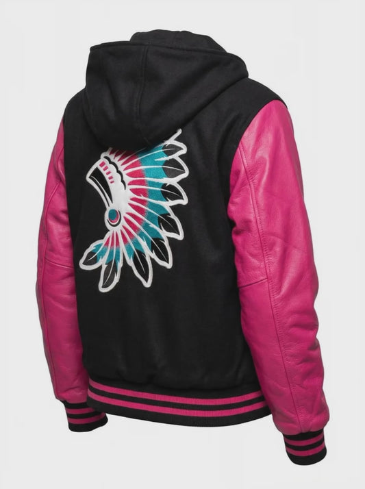 HOODED VARSITY LETTERMEN BASEBALL JACKET BLACK WITH HOT PINK GENUINE LEATHER SLEEVES